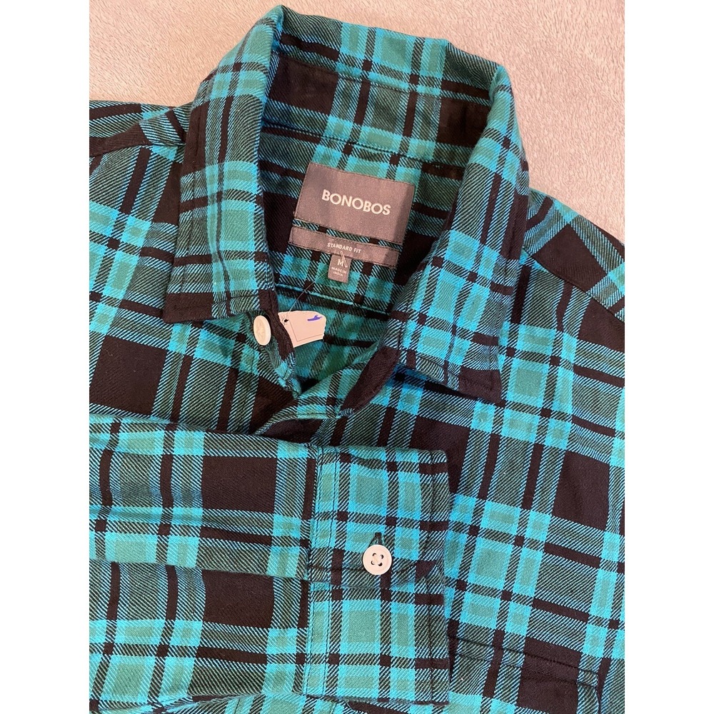 Bonobos Shirt Mens Medium Green Checkered Button Down Plaid Flannel Standard Fit